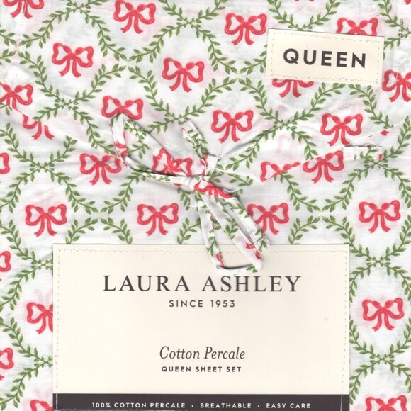Laura Ashley Christmas BOWS & TRELLIS Cotton Sheet Set - QUEEN Size Set - Picture 1 of 3